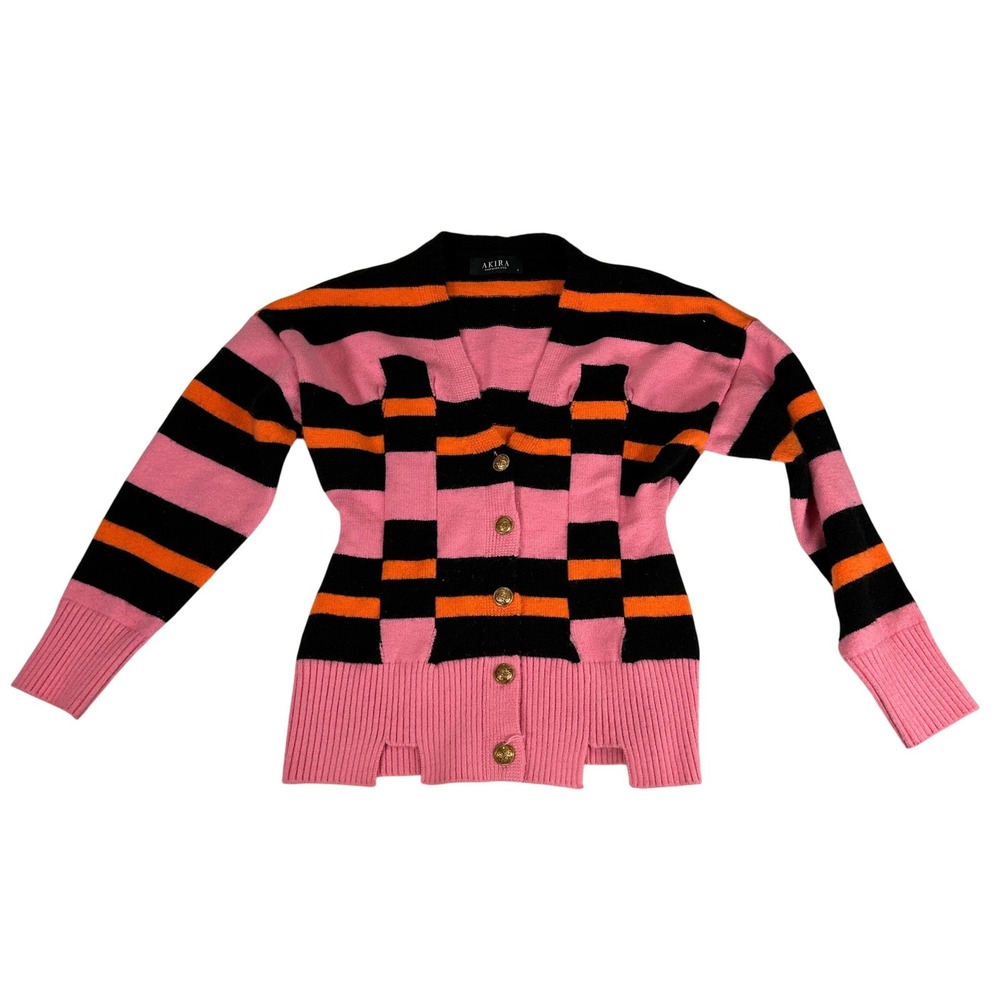 Akira Pink Orangeâ Black Striped Geometric Button Front Cardigan Sweater Small